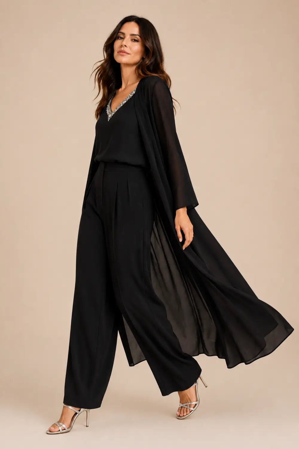 Draped Chiffon Capelet Pant Suit with Wide-Leg Pants