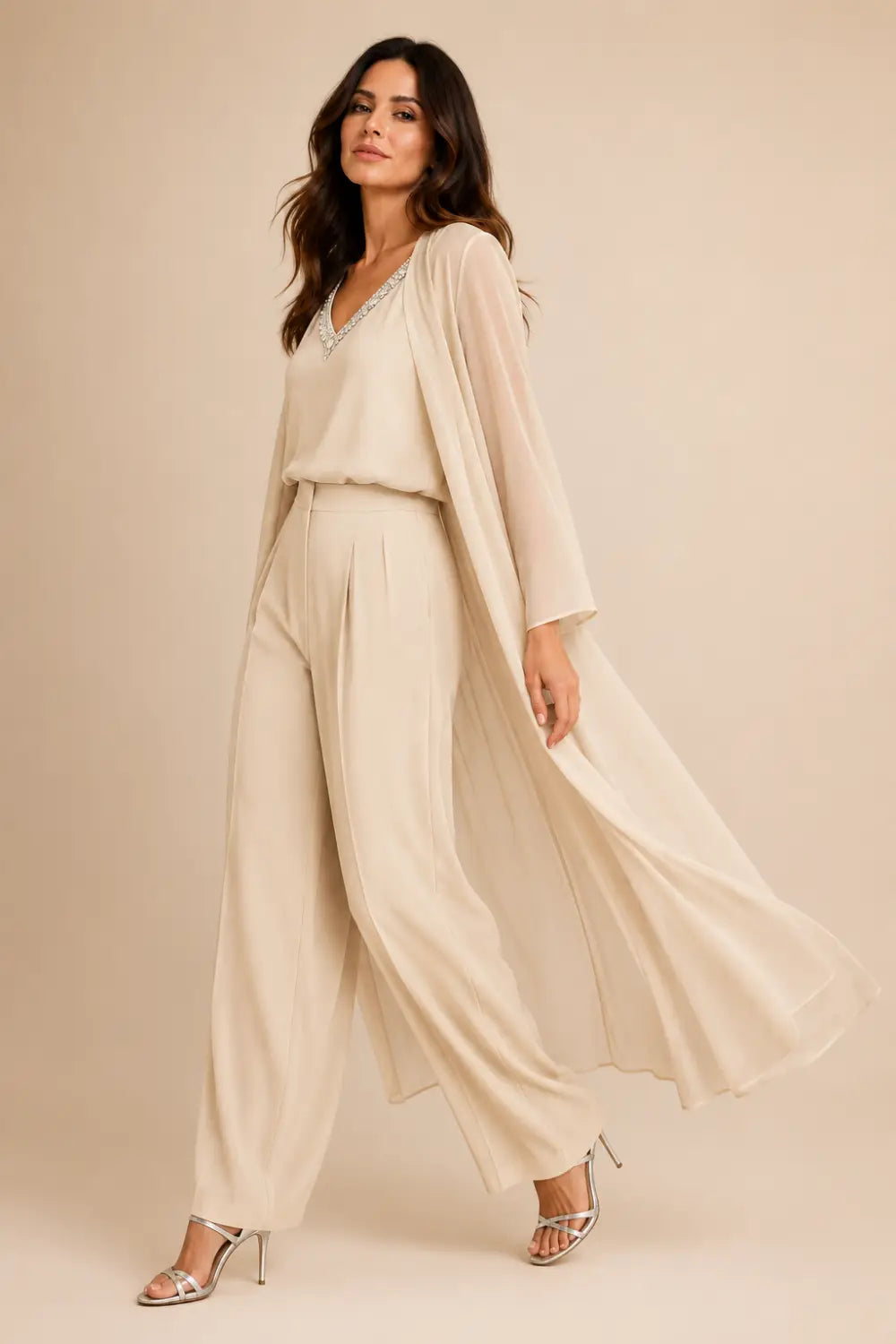 Draped Chiffon Capelet Pant Suit with Wide-Leg Pants