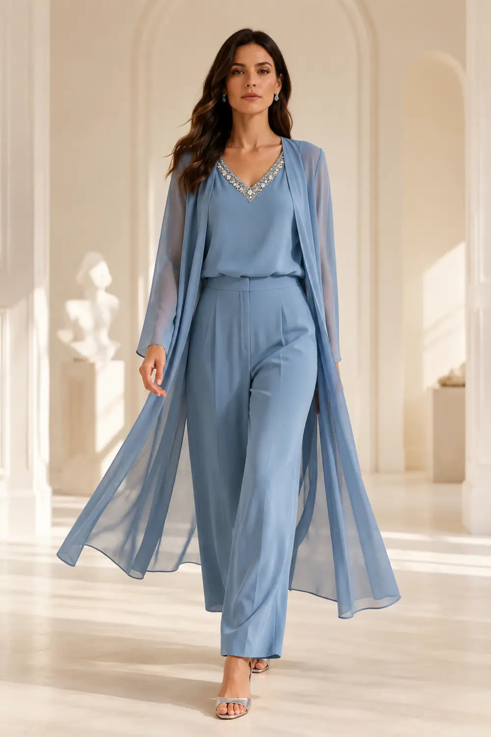 Draped Chiffon Capelet Pant Suit with Wide-Leg Pants