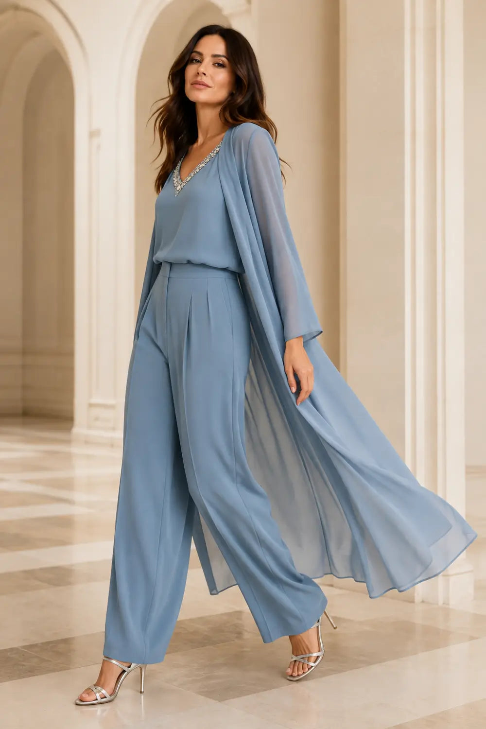 Draped Chiffon Capelet Pant Suit with Wide-Leg Pants