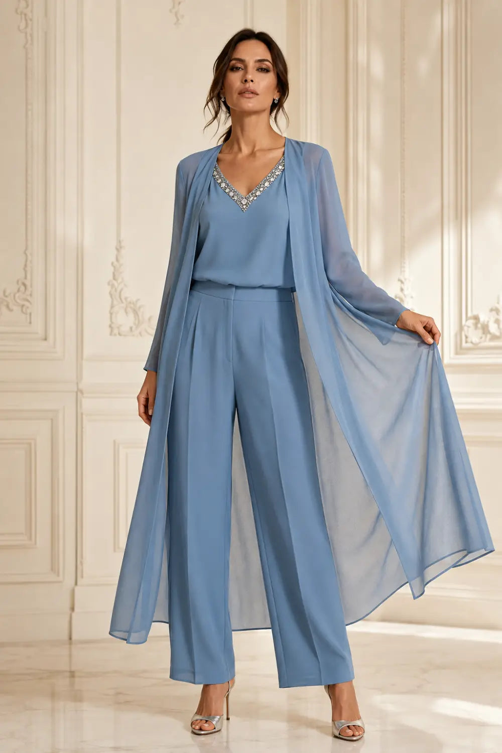 Draped Chiffon Capelet Pant Suit with Wide-Leg Pants