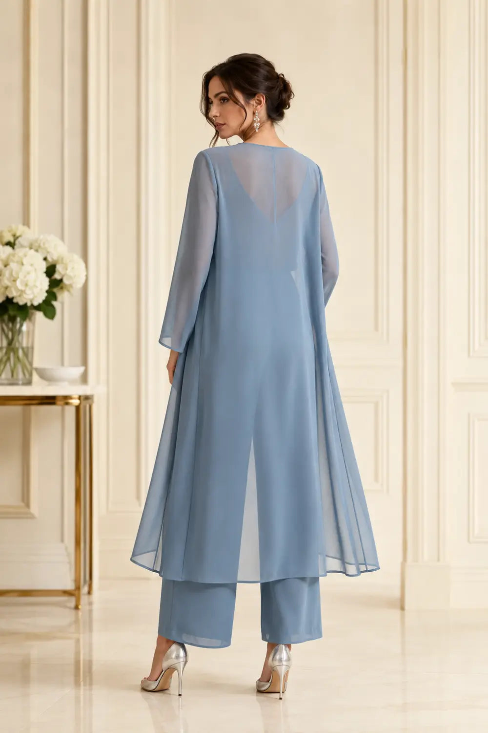 Draped Chiffon Capelet Pant Suit with Wide-Leg Pants