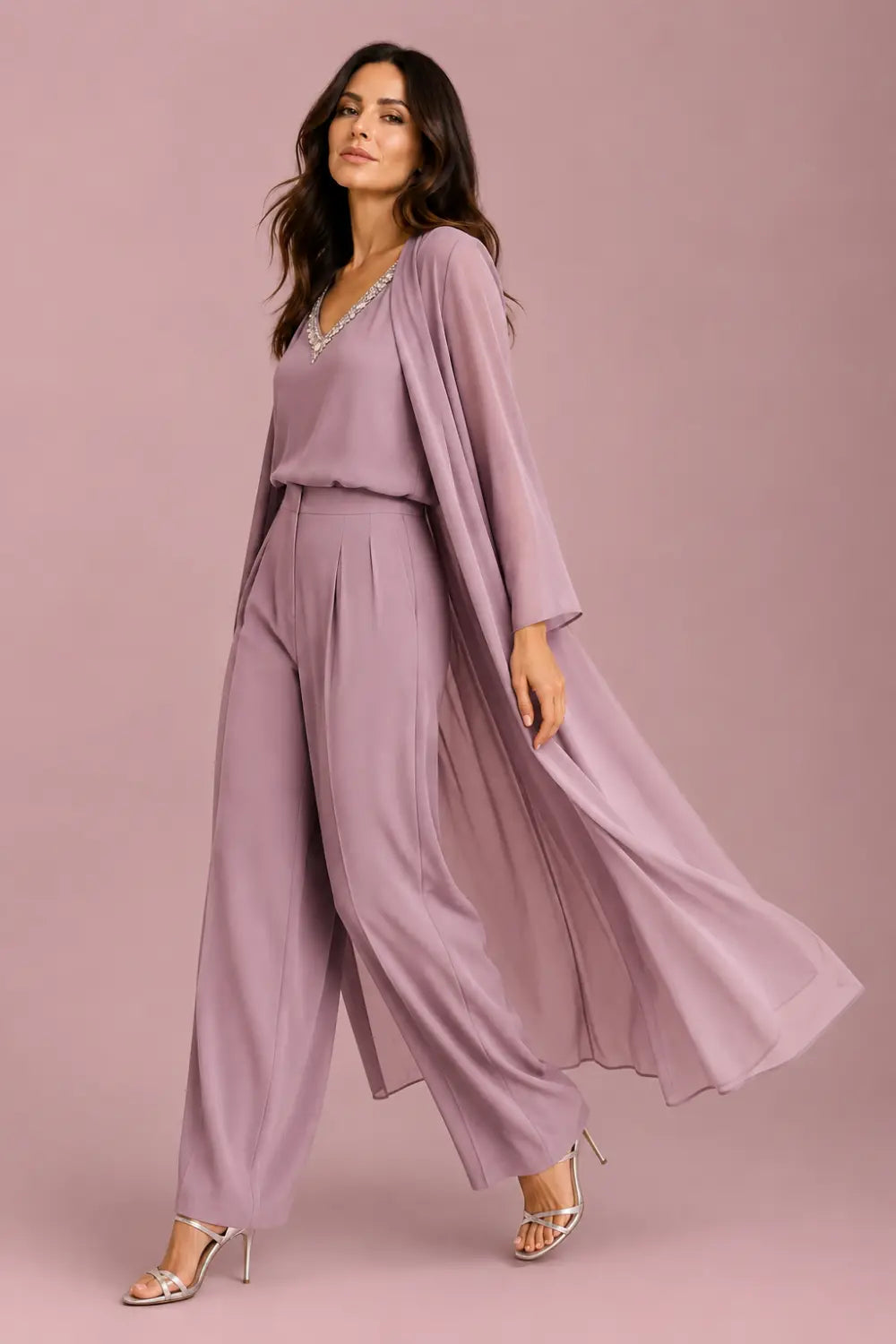 Draped Chiffon Capelet Pant Suit with Wide-Leg Pants