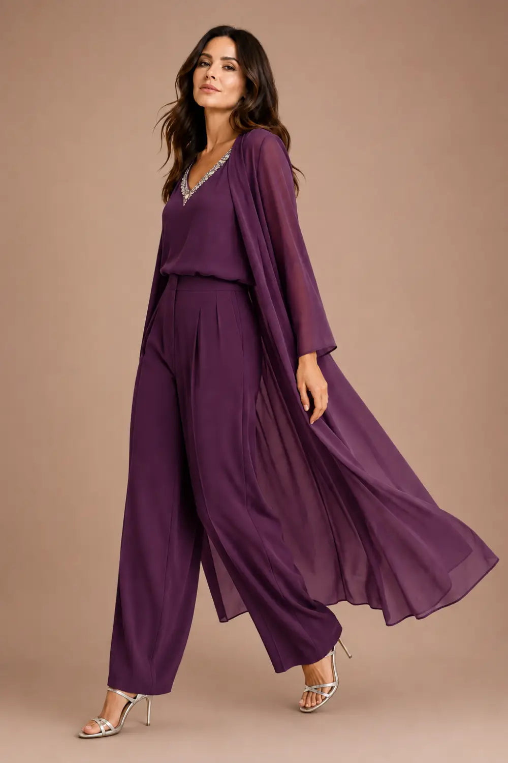 Draped Chiffon Capelet Pant Suit with Wide-Leg Pants