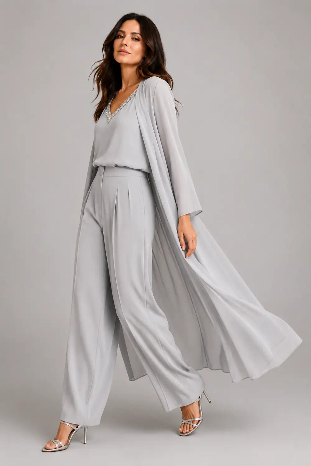 Draped Chiffon Capelet Pant Suit with Wide-Leg Pants