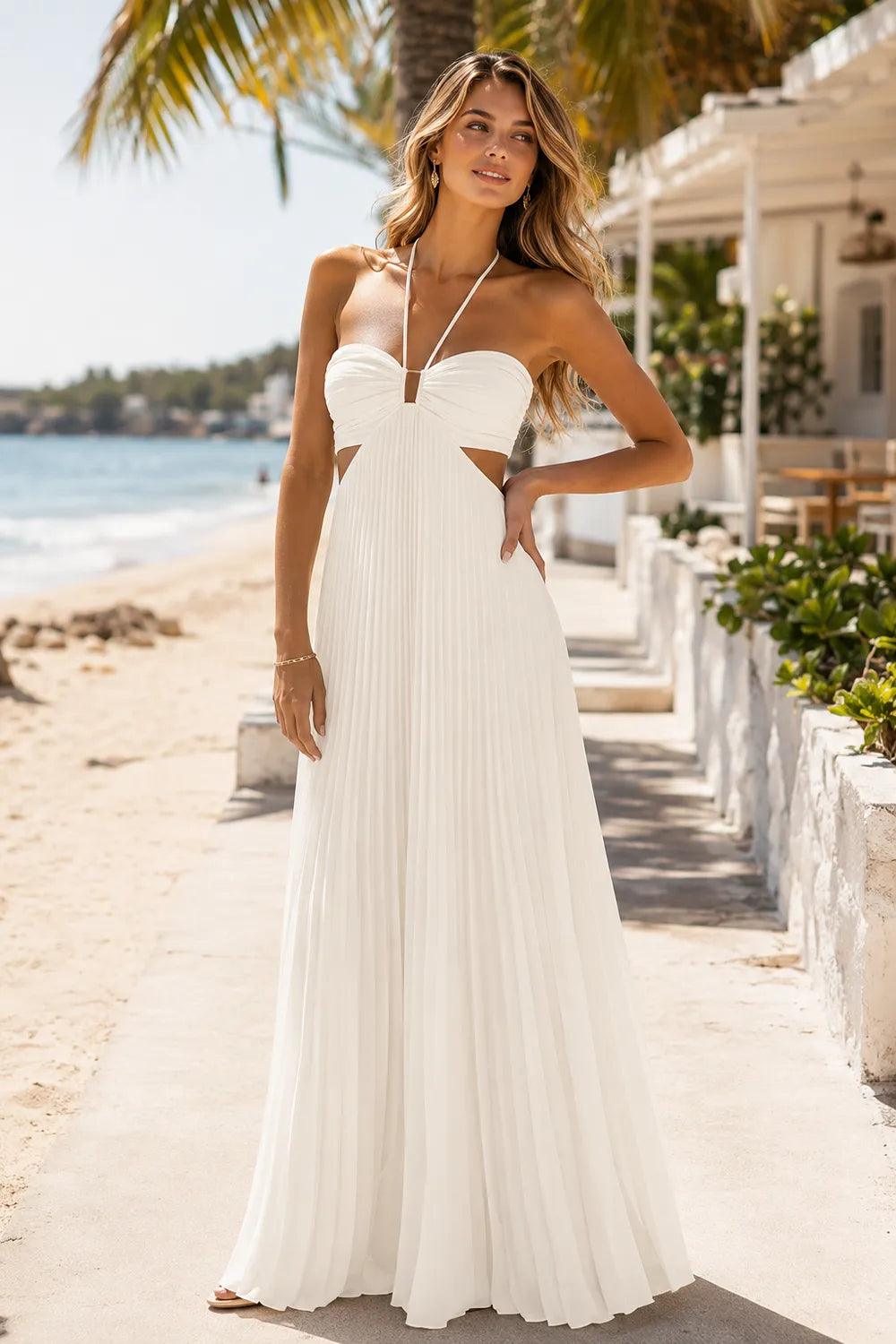 Elara Flowing Pleated Halter Gown
