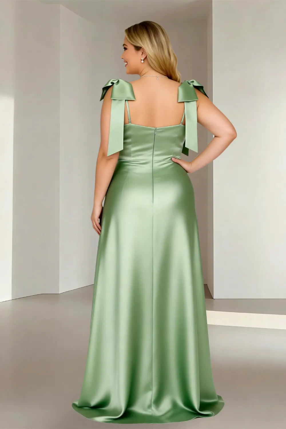 Luxe Satin Bow Strap V-Neck Formal Party Dress