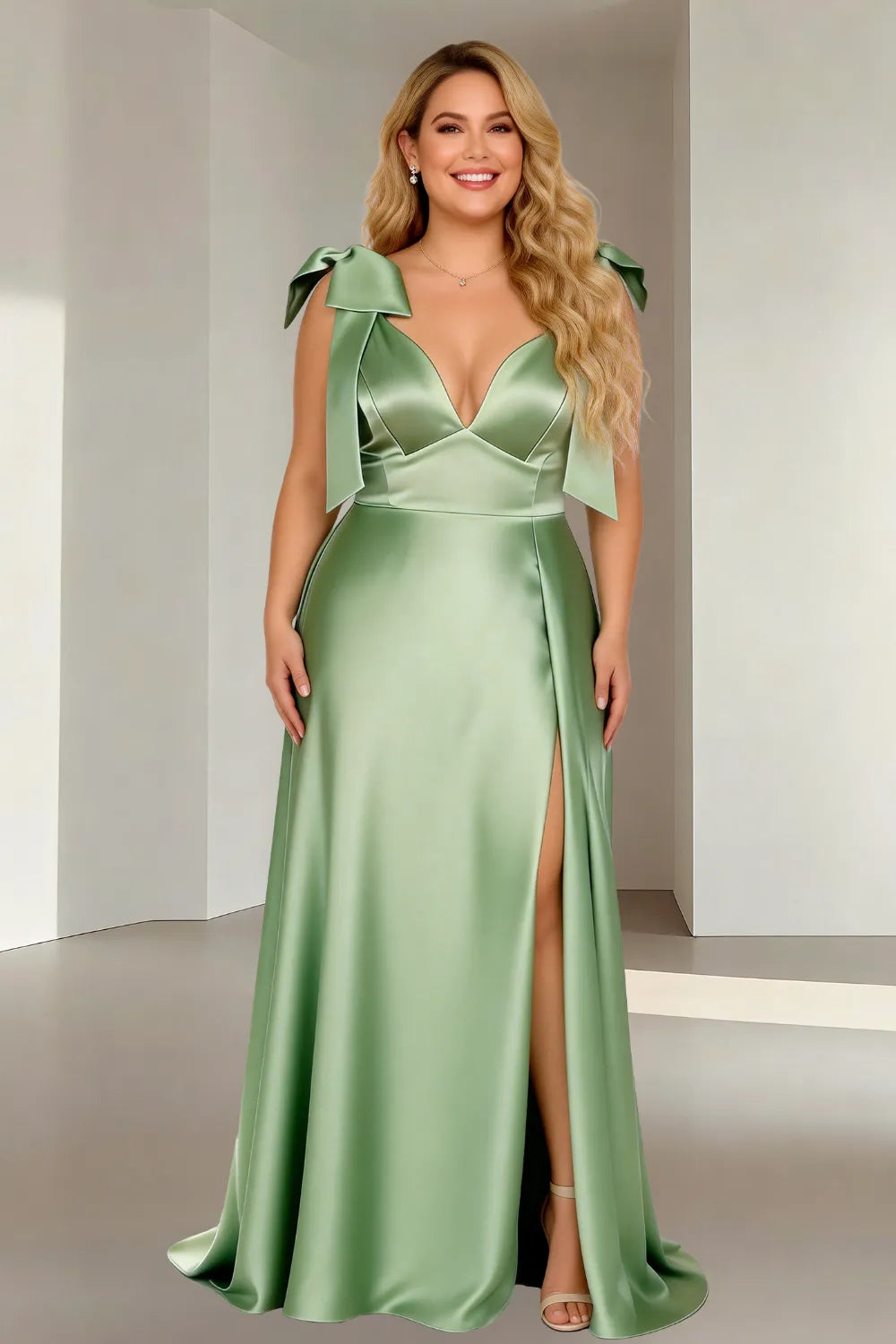 Luxe Satin Bow Strap V-Neck Formal Party Dress