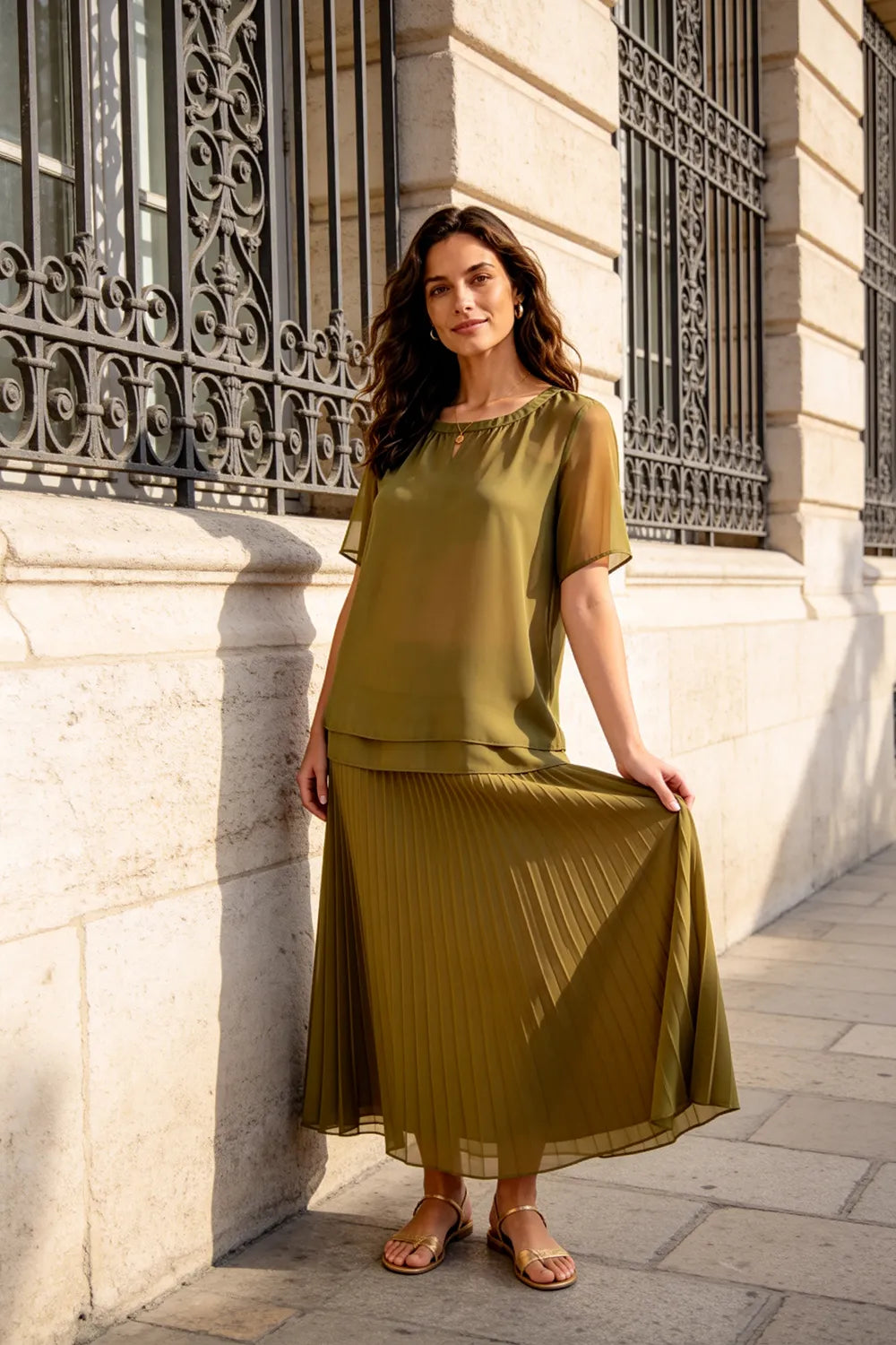 Pleated Chiffon Two-Piece Dress Set