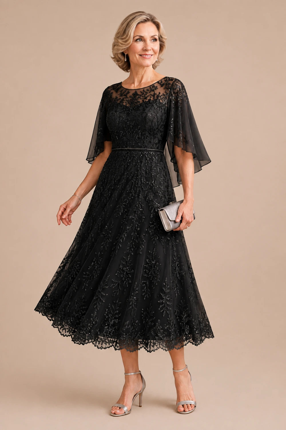 Dusty Blue Embroidered Lace Cape-Sleeve Tea-Length Dress