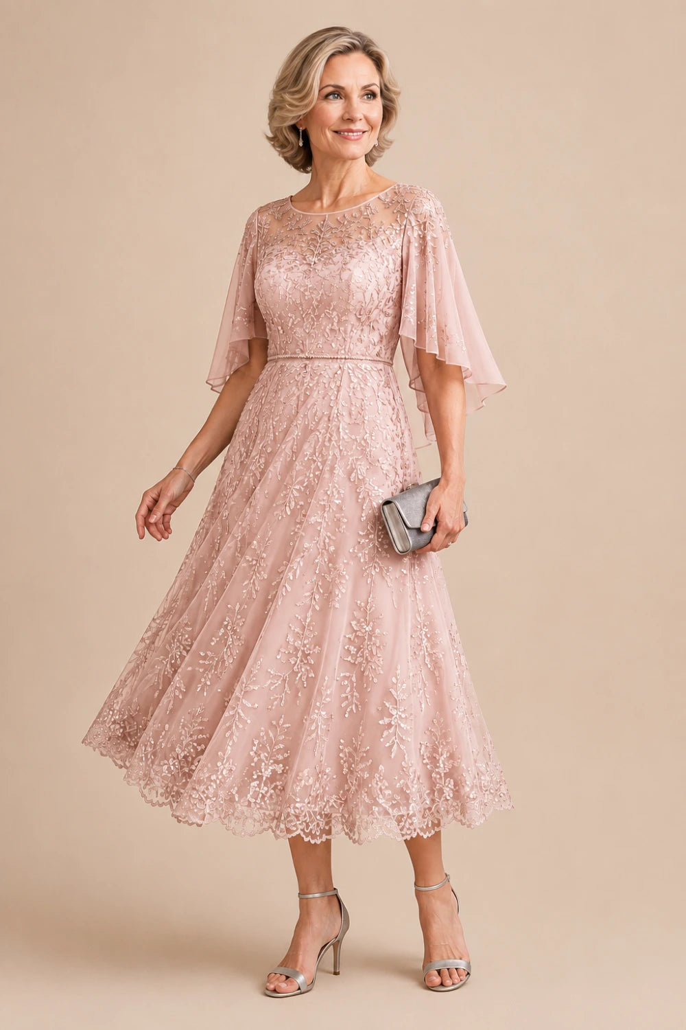 Dusty Blue Embroidered Lace Cape-Sleeve Tea-Length Dress