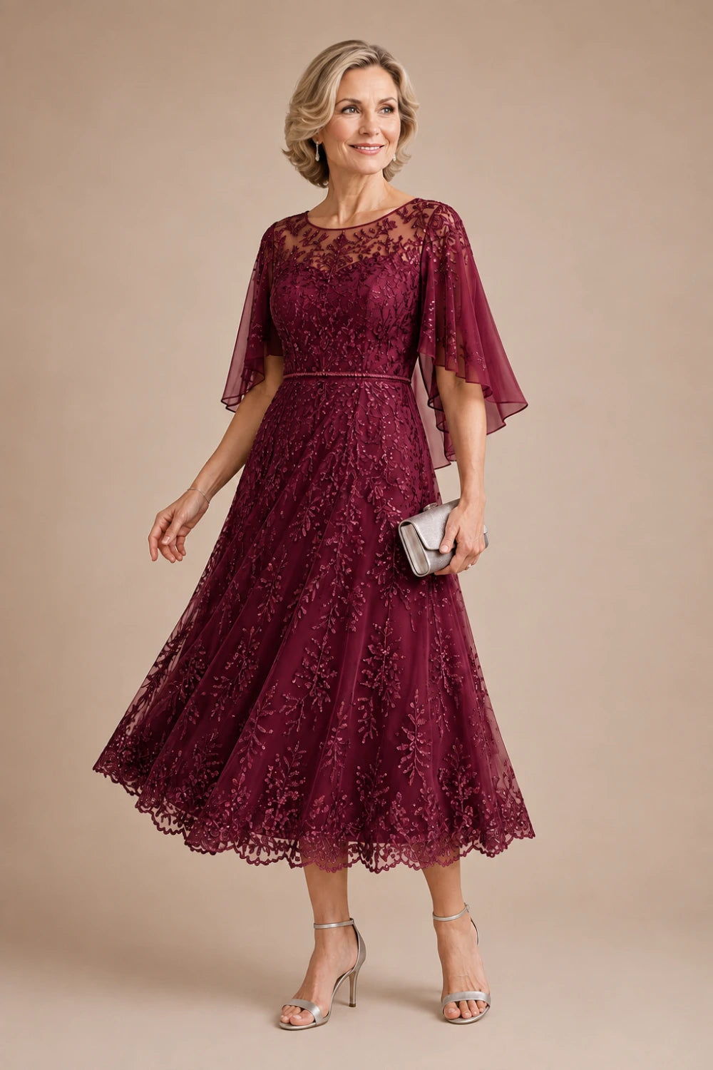 Dusty Blue Embroidered Lace Cape-Sleeve Tea-Length Dress