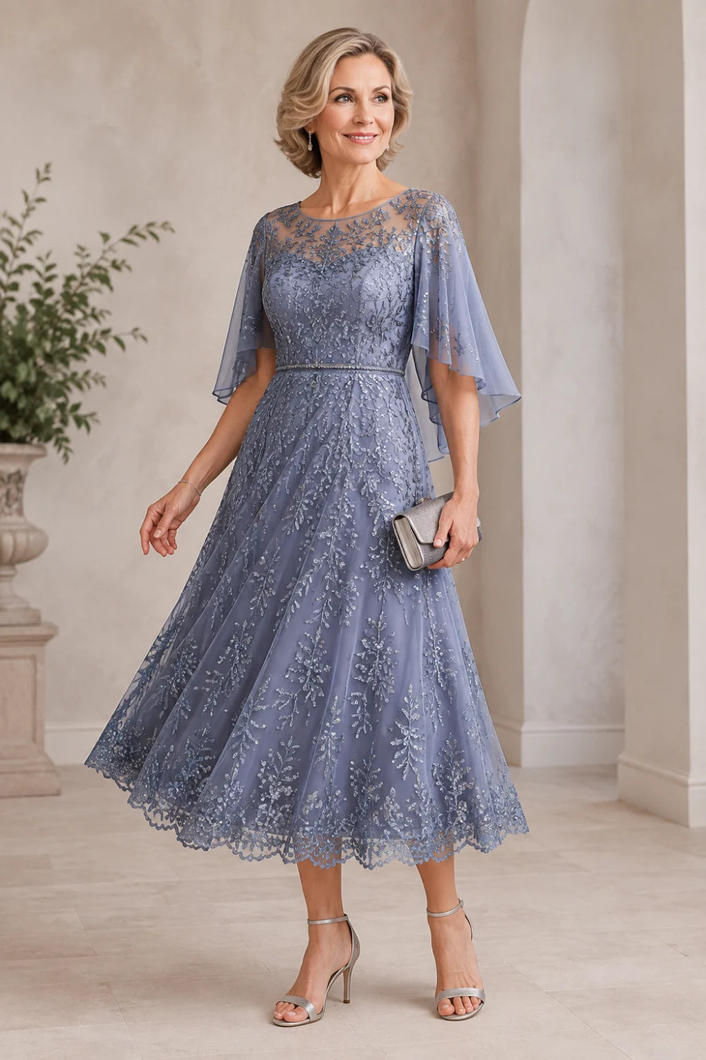 Dusty Blue Embroidered Lace Cape-Sleeve Tea-Length Dress