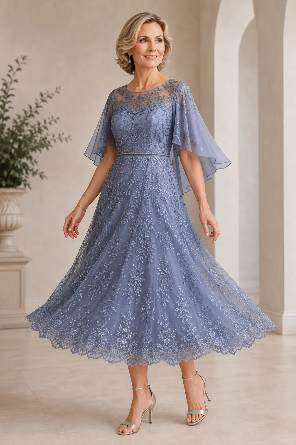 Dusty Blue Embroidered Lace Cape-Sleeve Tea-Length Dress