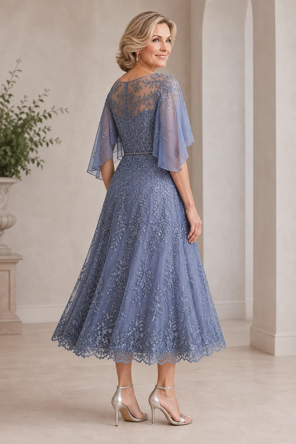 Dusty Blue Embroidered Lace Cape-Sleeve Tea-Length Dress
