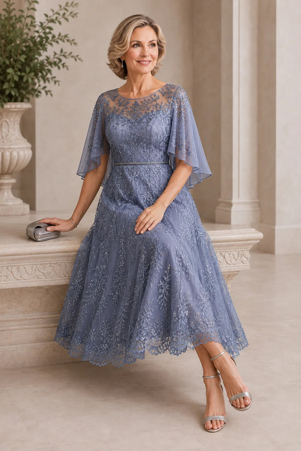 Dusty Blue Embroidered Lace Cape-Sleeve Tea-Length Dress