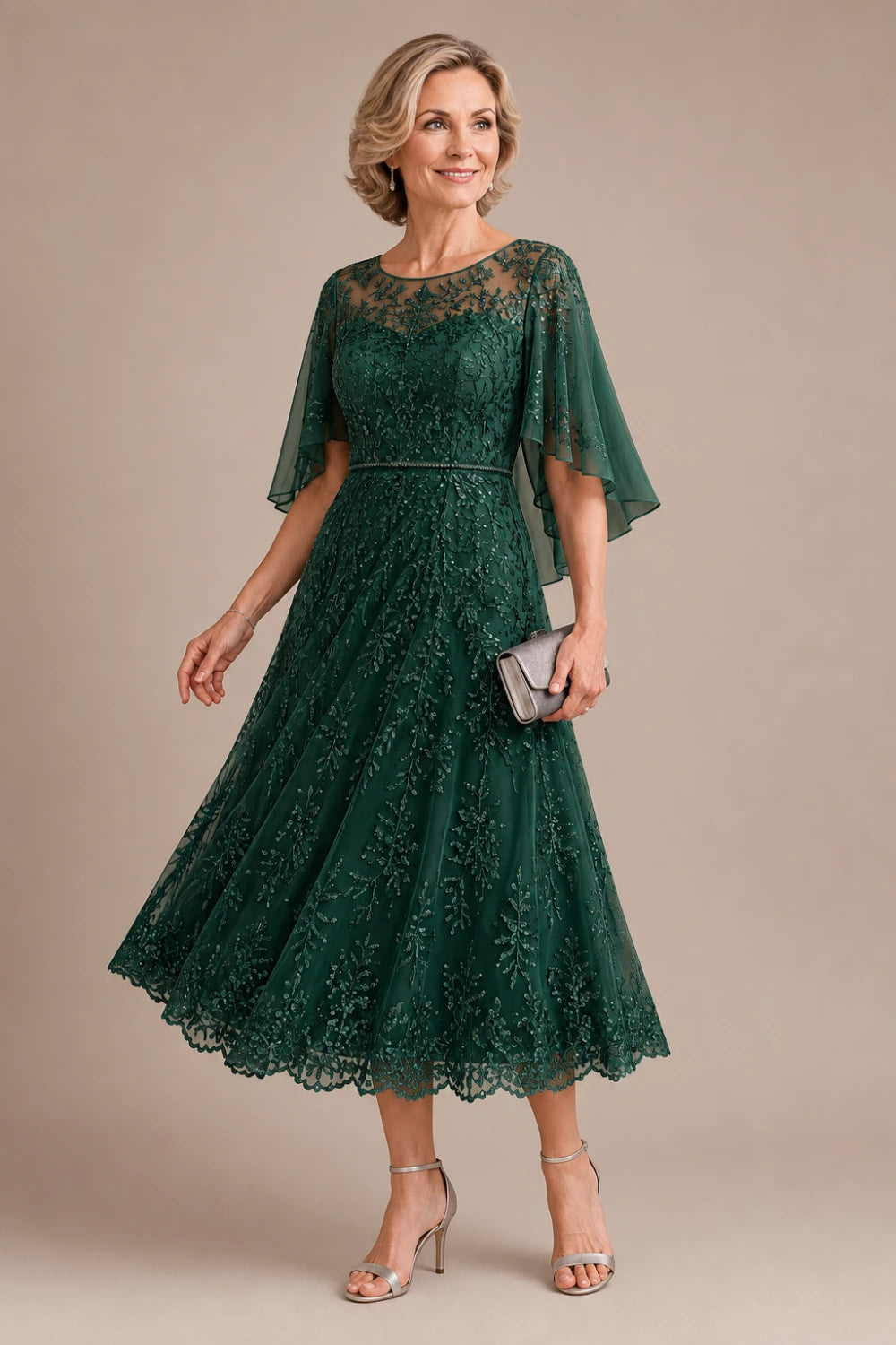 Dusty Blue Embroidered Lace Cape-Sleeve Tea-Length Dress