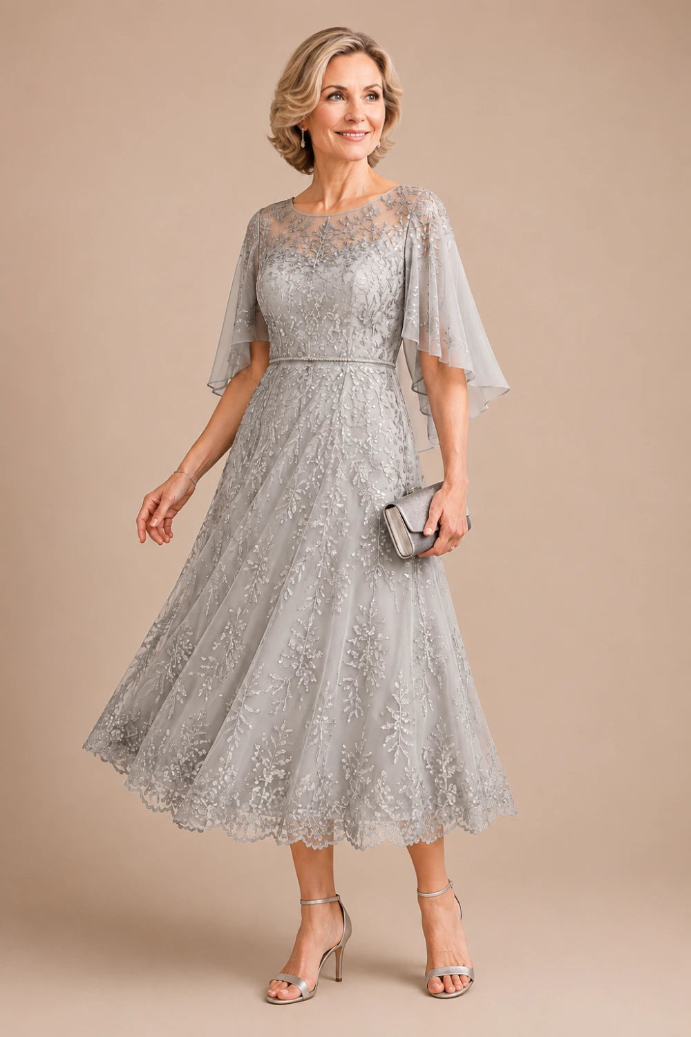 Dusty Blue Embroidered Lace Cape-Sleeve Tea-Length Dress