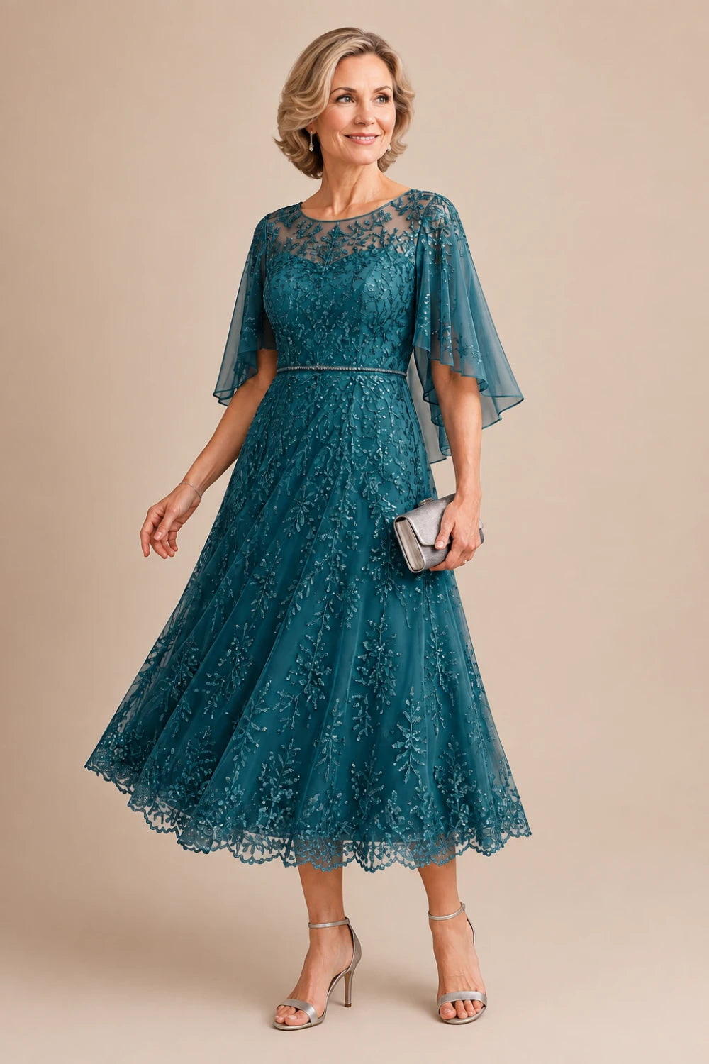 Dusty Blue Embroidered Lace Cape-Sleeve Tea-Length Dress