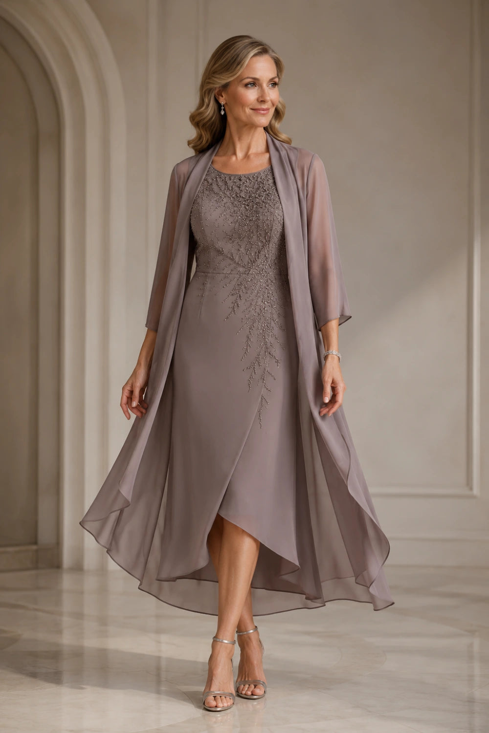 Dusty Mauve Embellished Jacket Tea-Length Dress