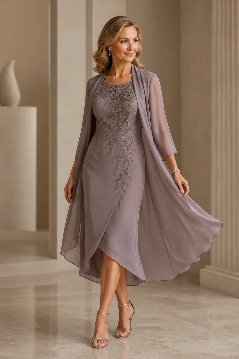 Dusty Mauve Embellished Jacket Tea-Length Dress