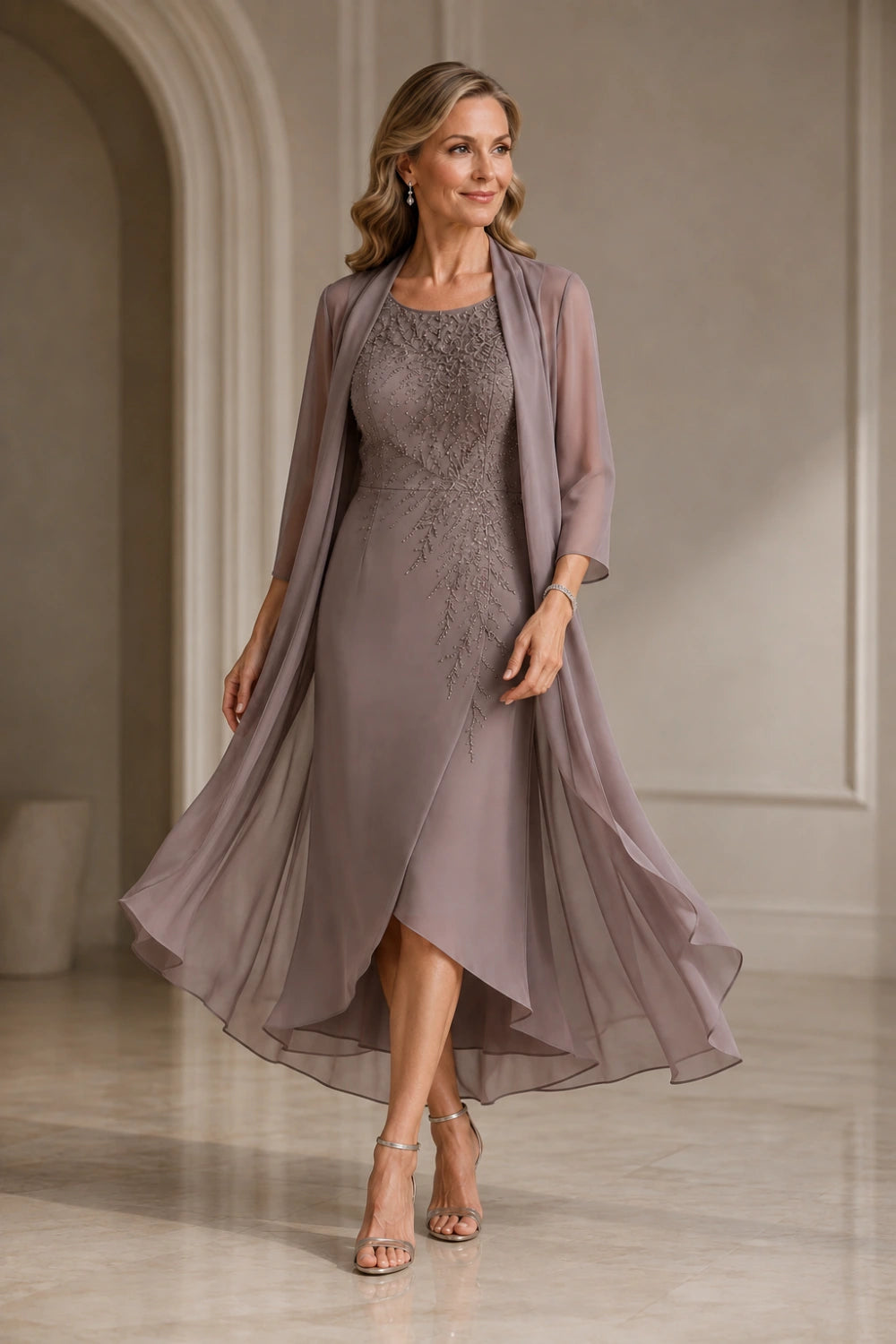 Dusty Mauve Embellished Jacket Tea-Length Dress