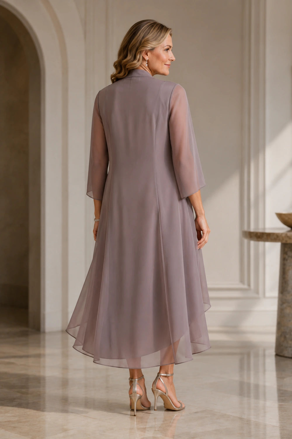 Dusty Mauve Embellished Jacket Tea-Length Dress
