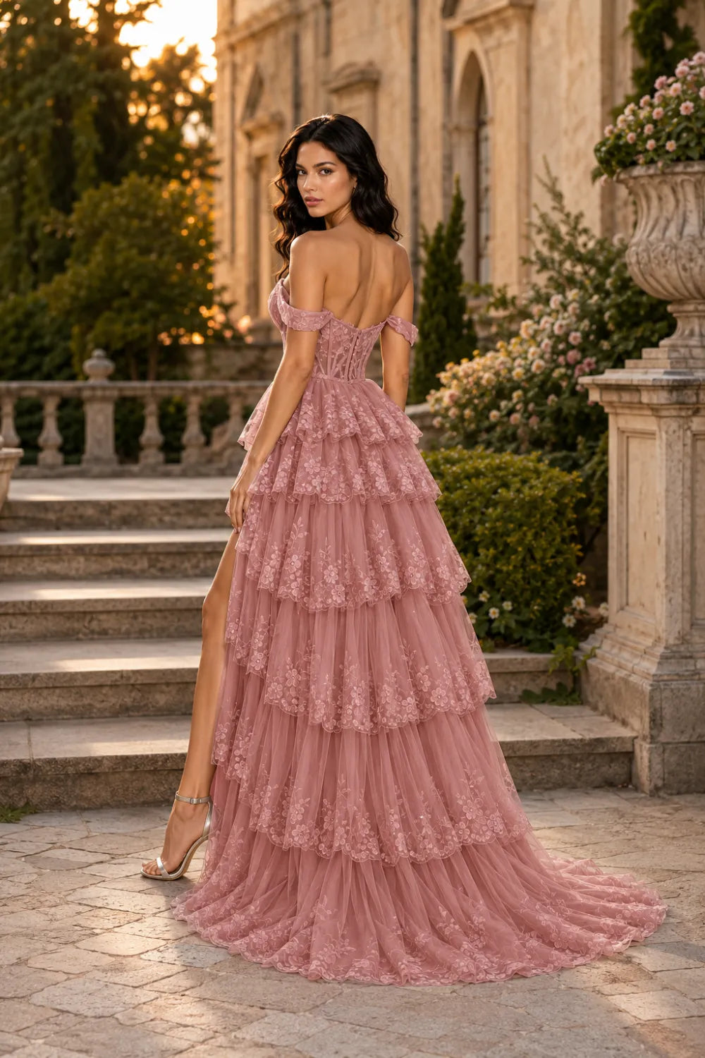 Off‑Shoulder Lace Corset Tiered Tulle Gown