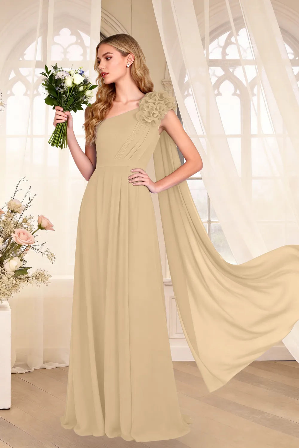 One-Shoulder Chiffon Cape Maxi Dress with Floral Appliqué