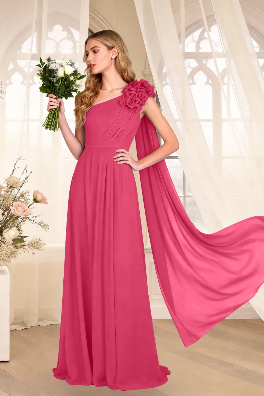 One-Shoulder Chiffon Cape Maxi Dress with Floral Appliqué