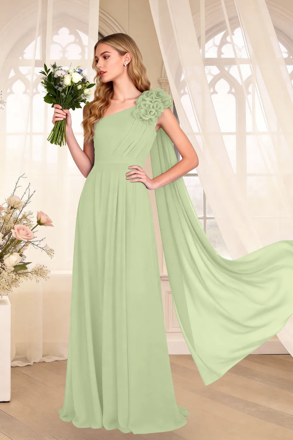 One-Shoulder Chiffon Cape Maxi Dress with Floral Appliqué