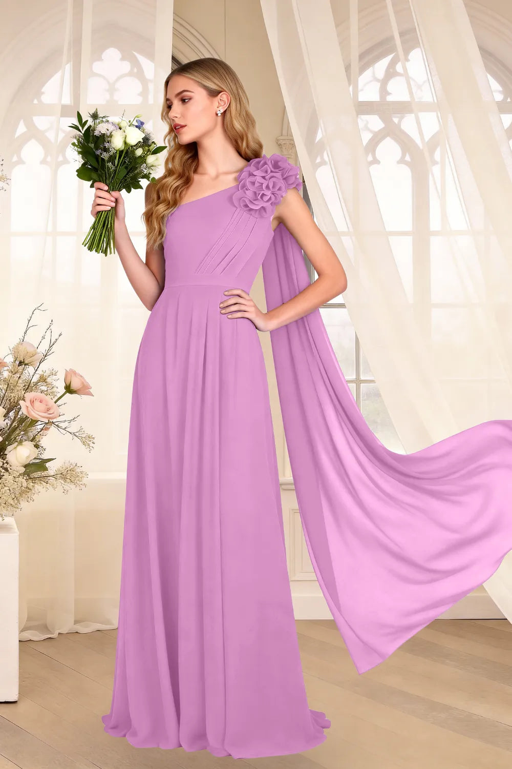One-Shoulder Chiffon Cape Maxi Dress with Floral Appliqué
