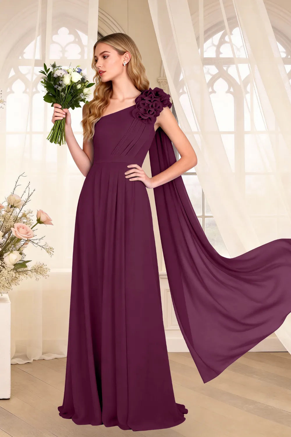 One-Shoulder Chiffon Cape Maxi Dress with Floral Appliqué