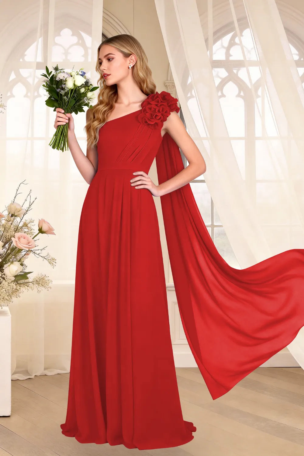 One-Shoulder Chiffon Cape Maxi Dress with Floral Appliqué