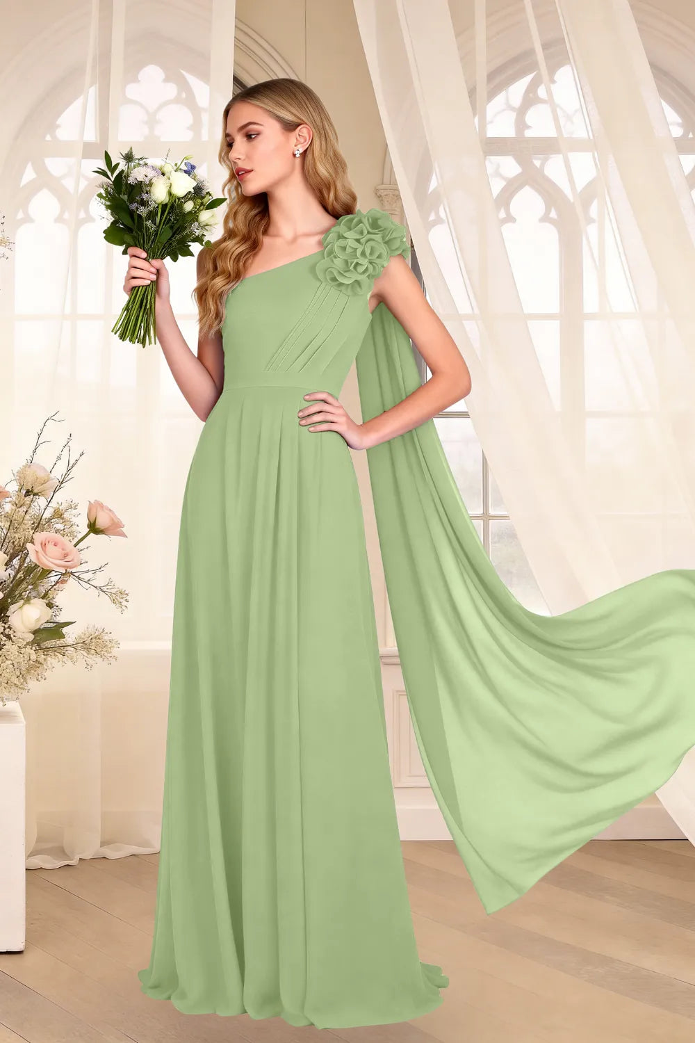One-Shoulder Chiffon Cape Maxi Dress with Floral Appliqué
