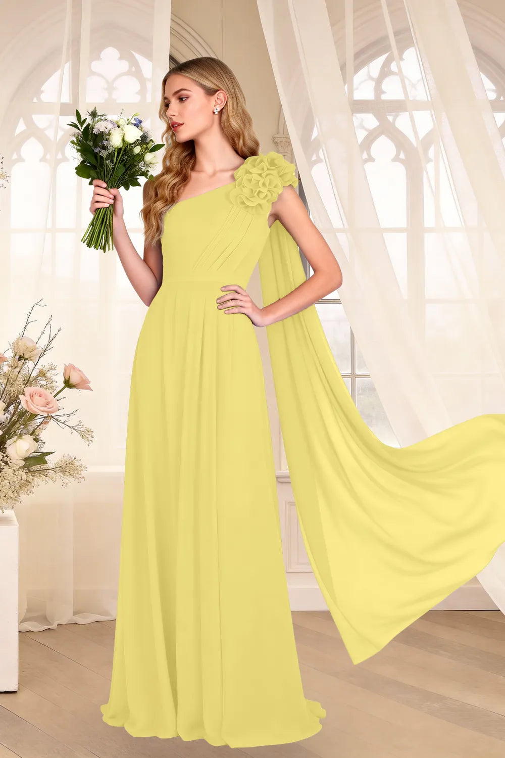 One-Shoulder Chiffon Cape Maxi Dress with Floral Appliqué