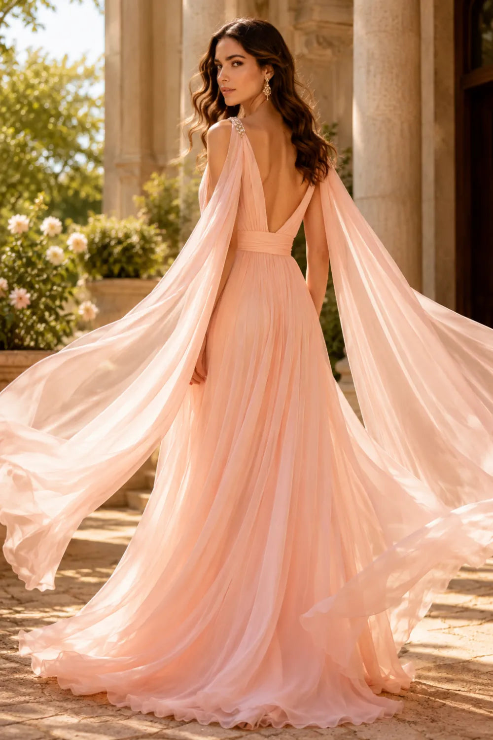 Celestia Flowing Cape Sleeve Formal Dress