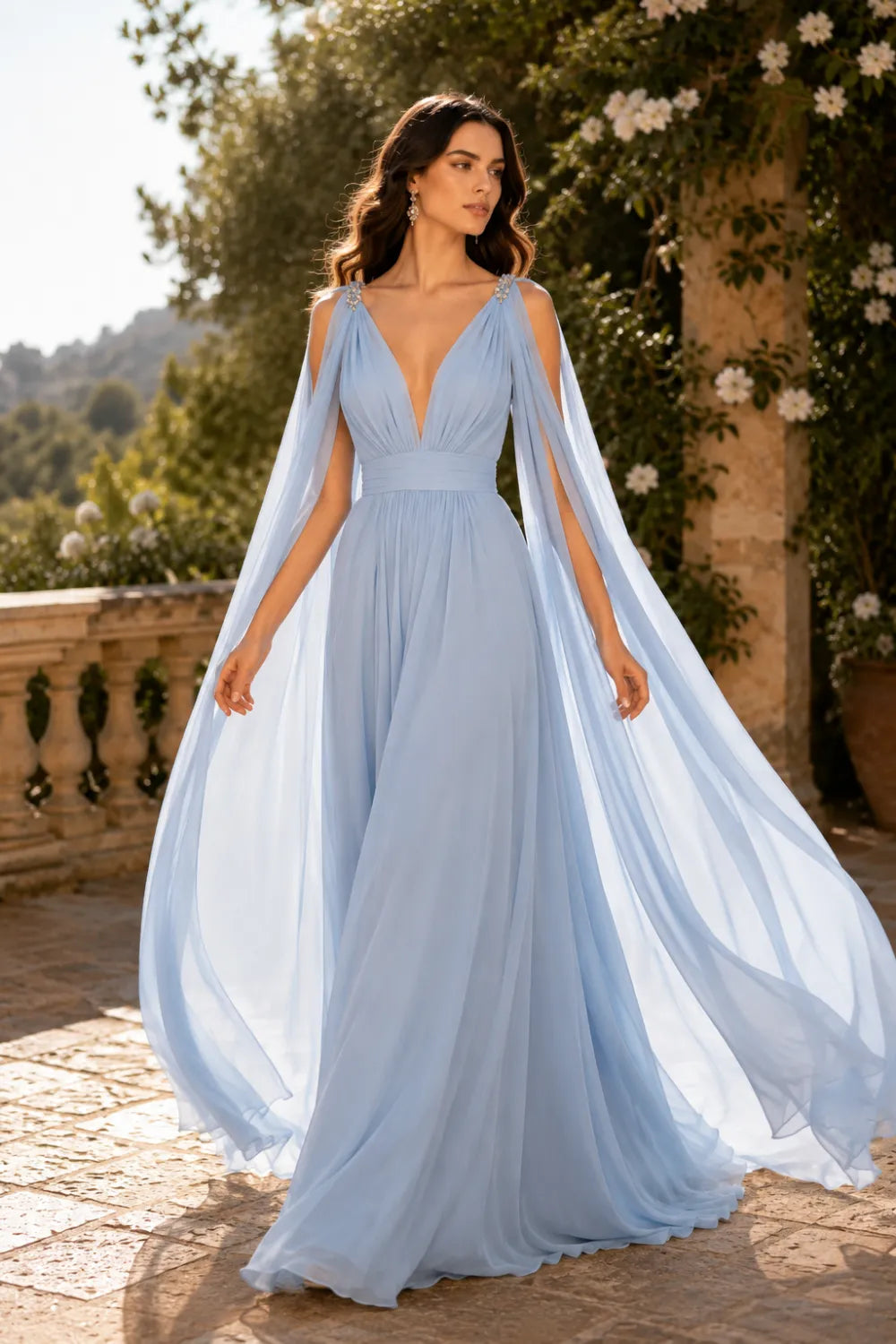 Celestia Flowing Cape Sleeve Formal Dress