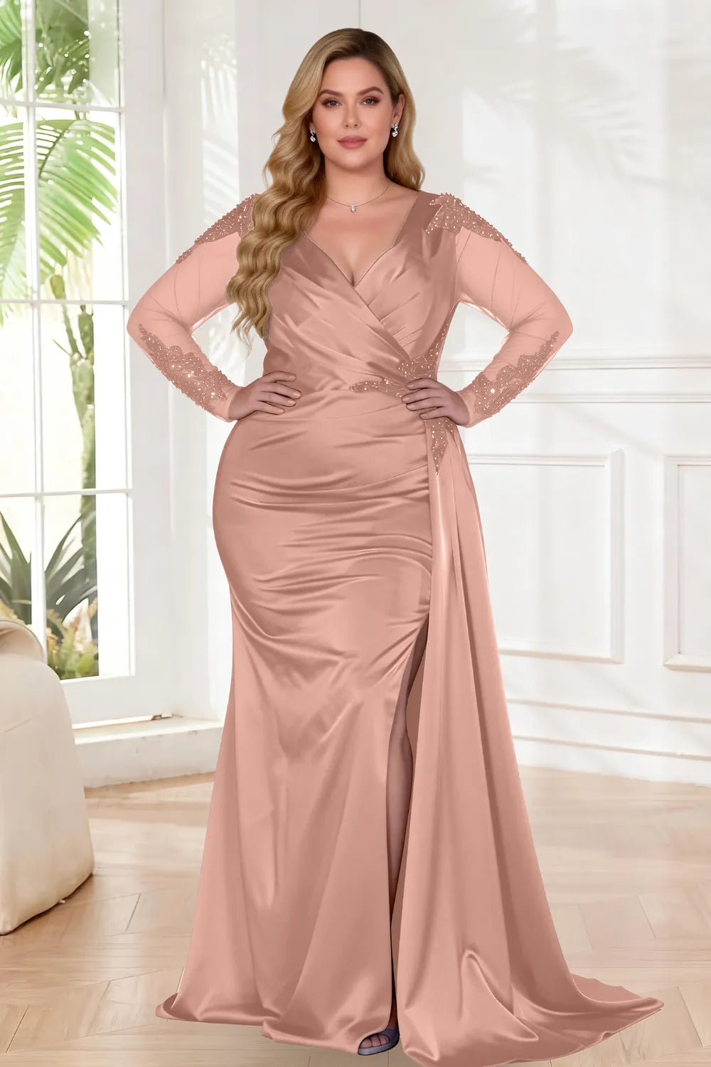 Elegant Sheer Sleeve Ruched Mermaid Prom Dress