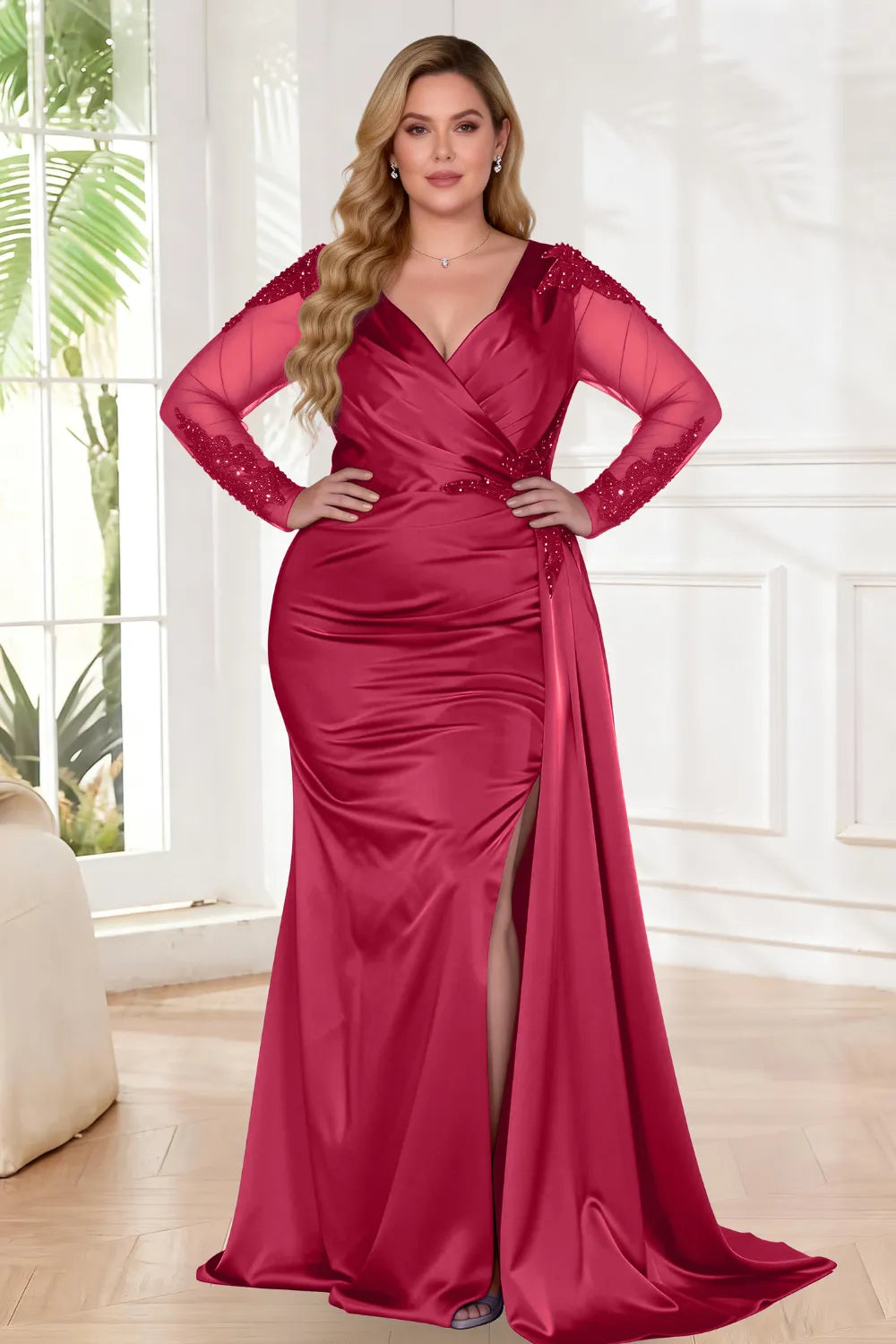 Elegant Sheer Sleeve Ruched Mermaid Prom Dress