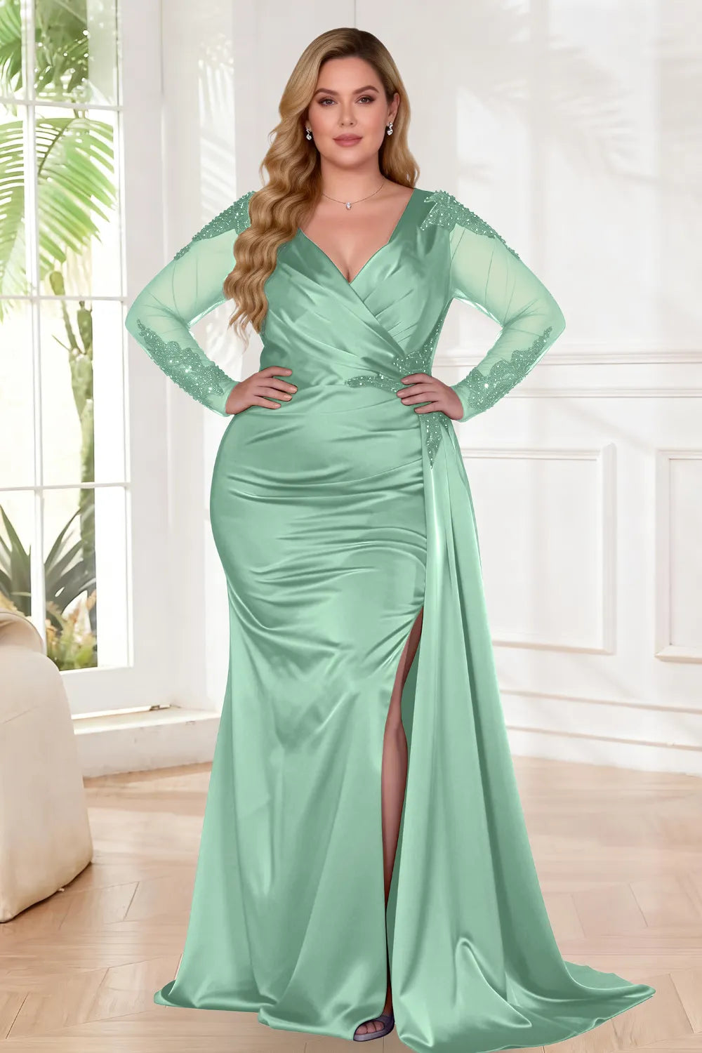 Elegant Sheer Sleeve Ruched Mermaid Prom Dress