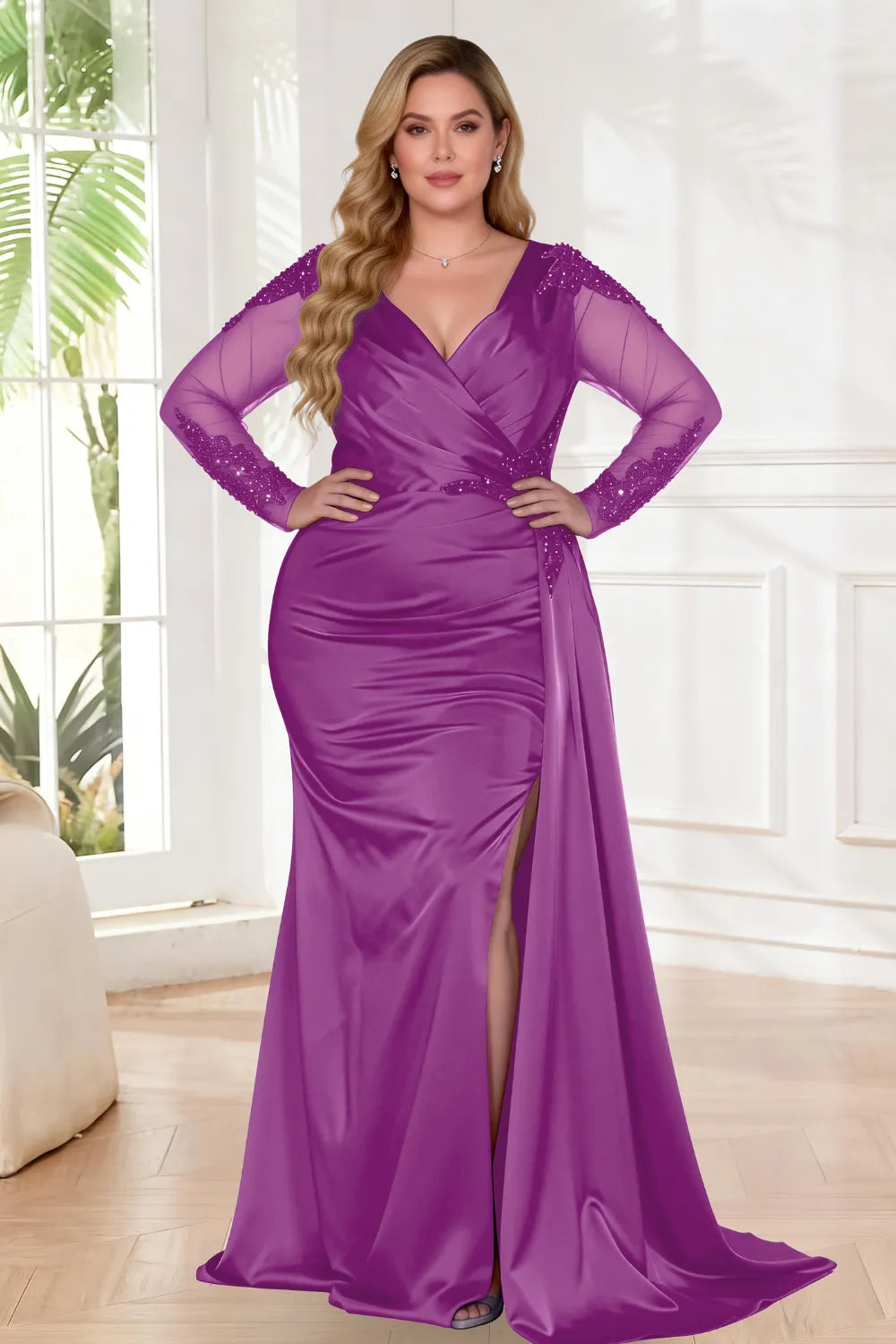 Elegant Sheer Sleeve Ruched Mermaid Prom Dress