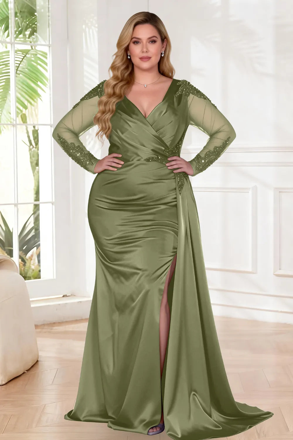 Elegant Sheer Sleeve Ruched Mermaid Prom Dress