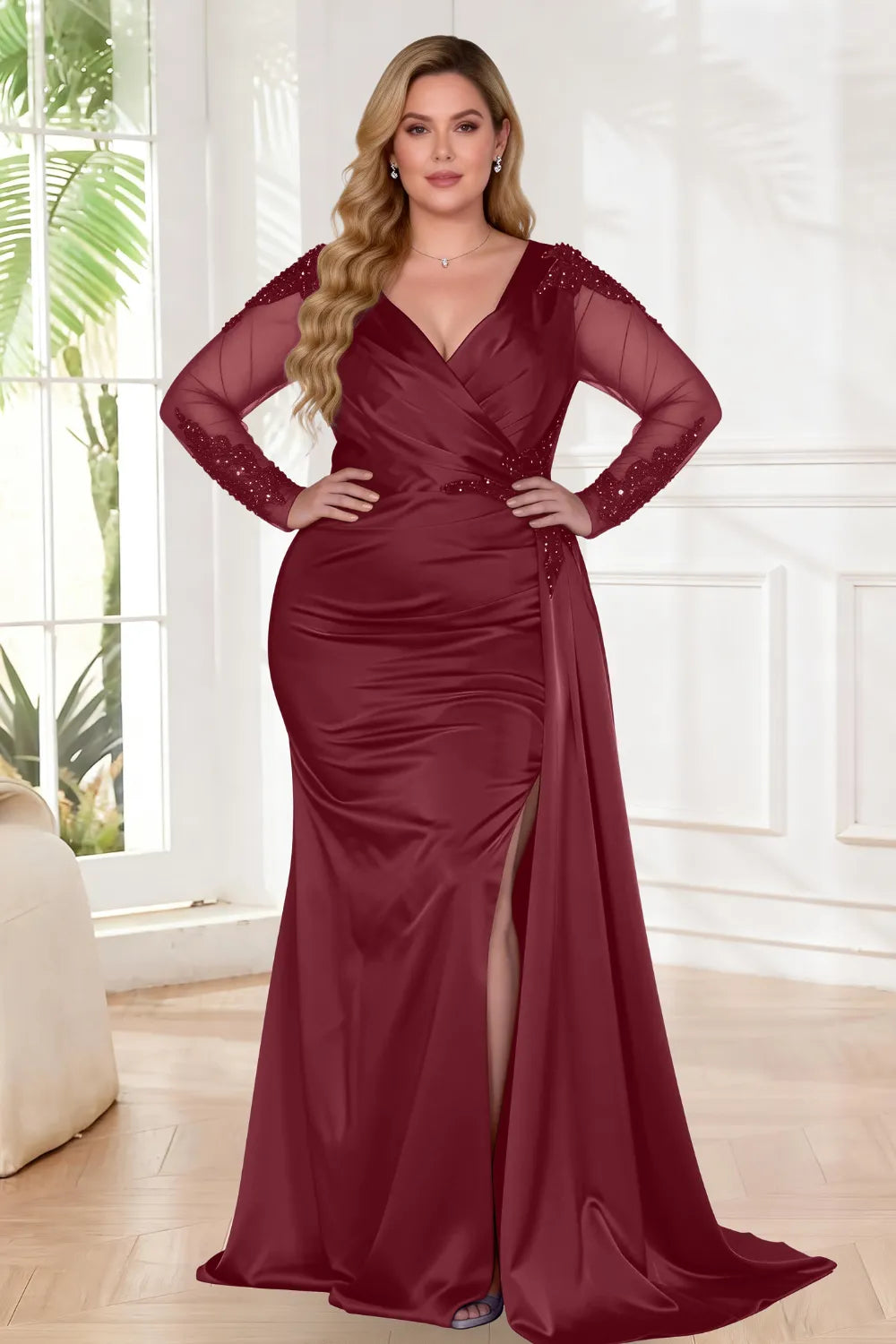 Elegant Sheer Sleeve Ruched Mermaid Prom Dress