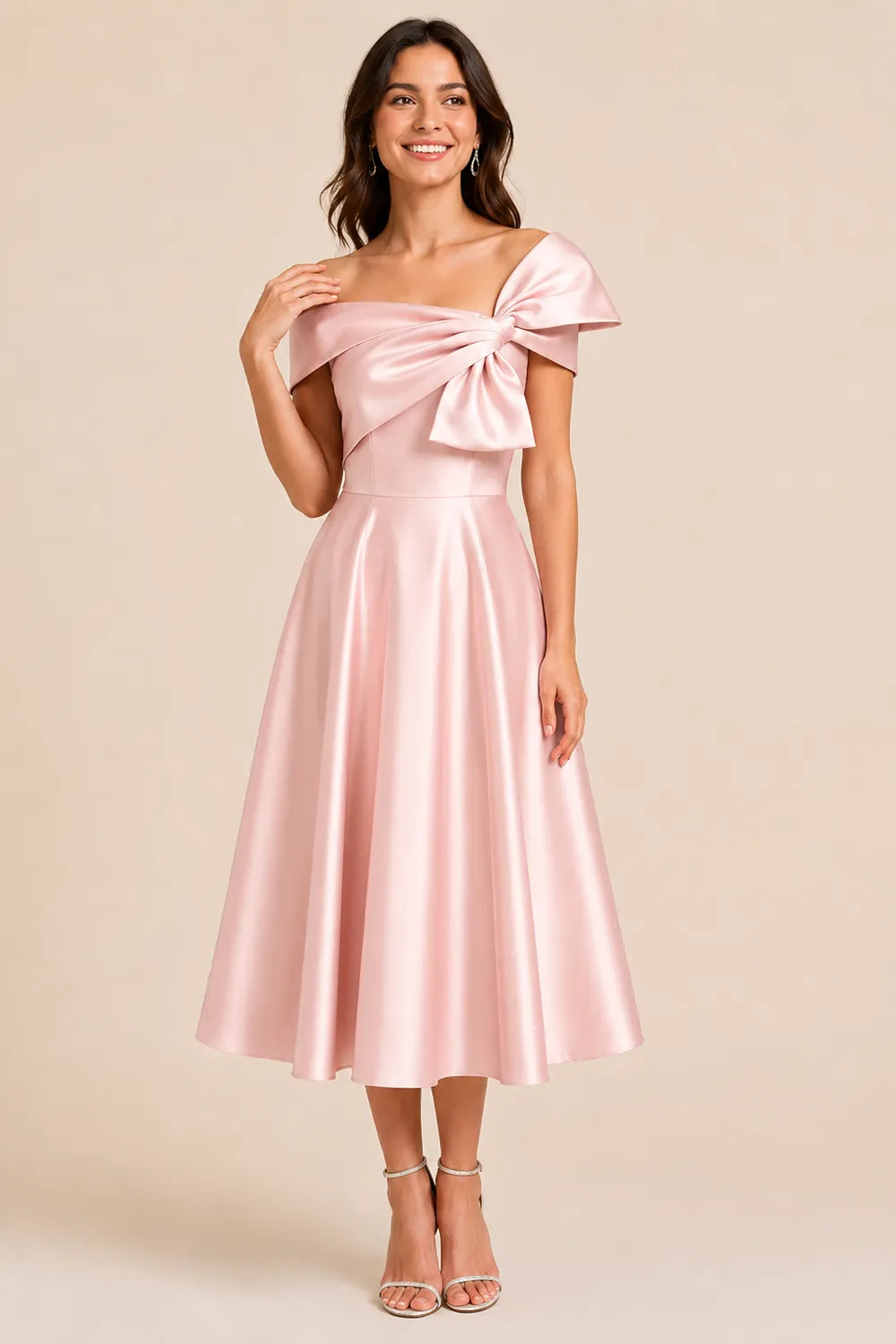 Aurelia Off Shoulder Bow Satin Midi Dress