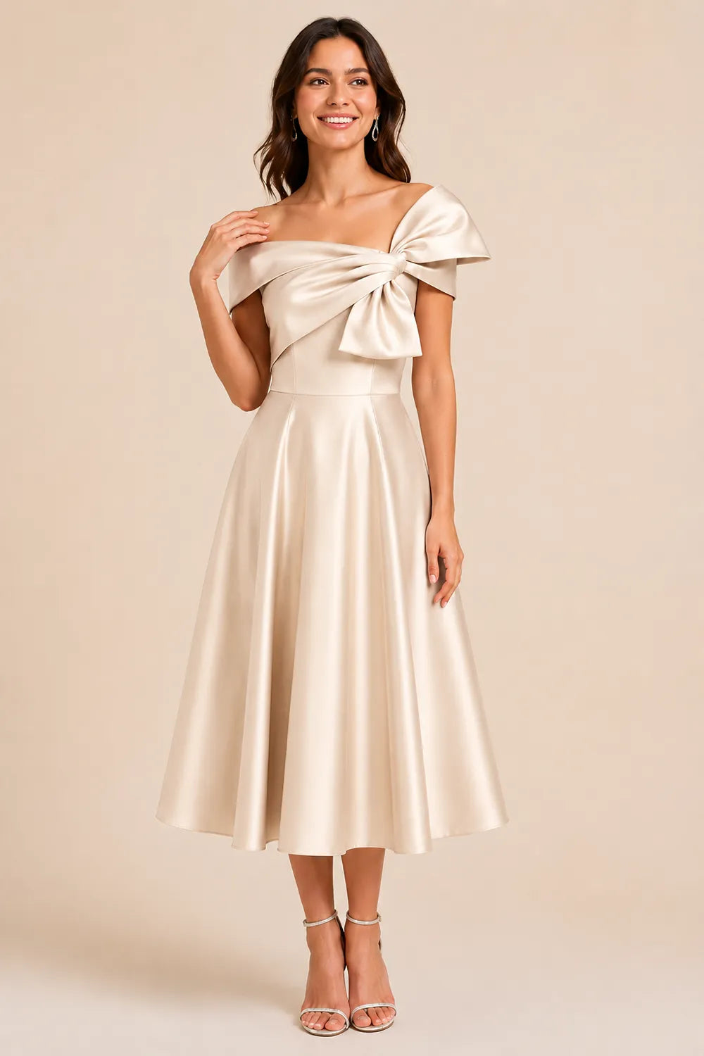 Aurelia Off Shoulder Bow Satin Midi Dress