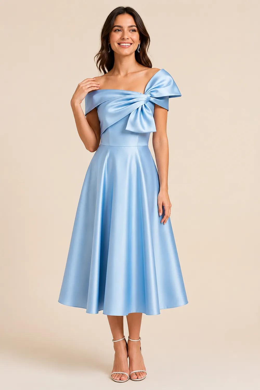 Aurelia Off Shoulder Bow Satin Midi Dress