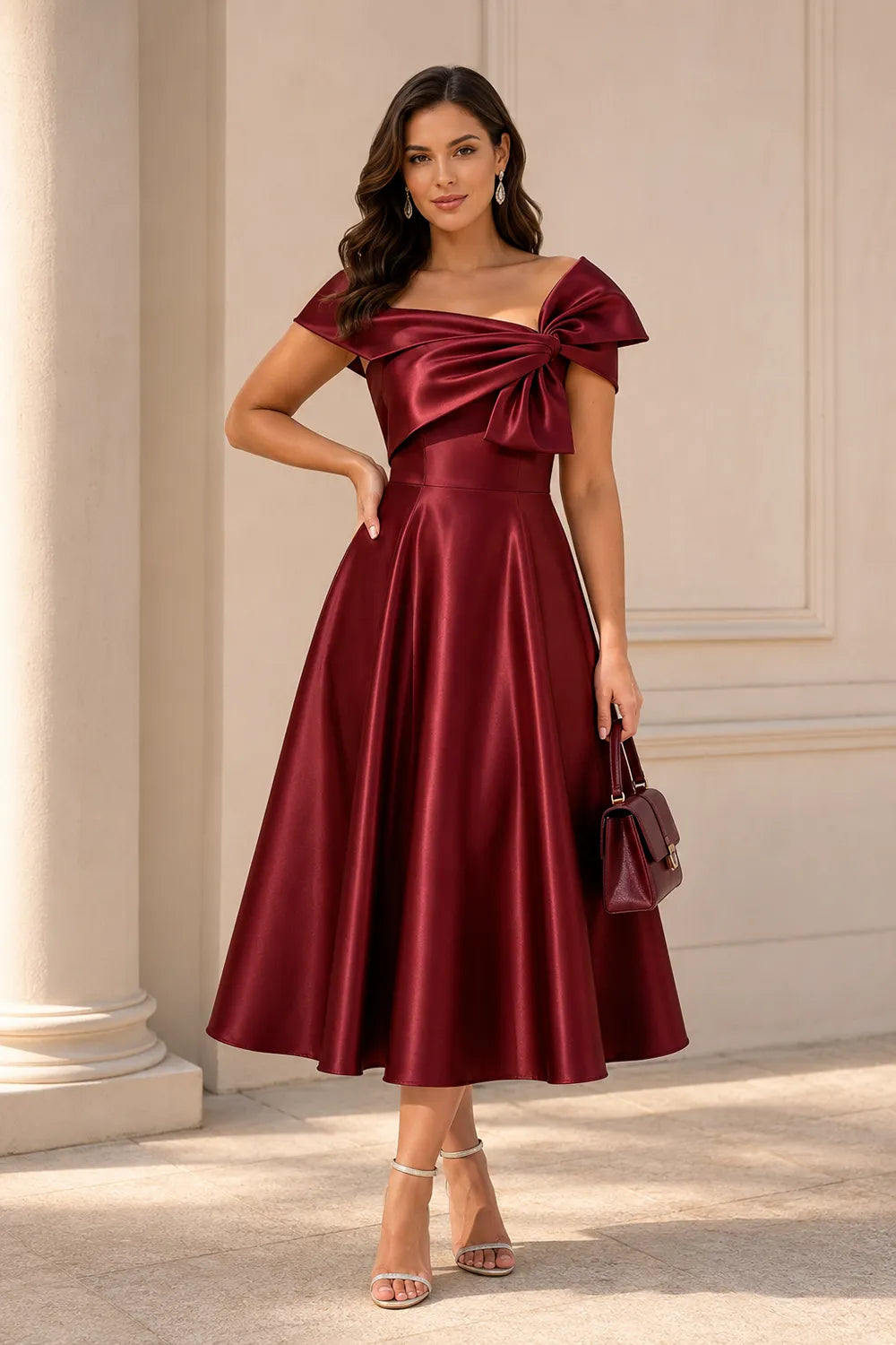 Aurelia Off Shoulder Bow Satin Midi Dress