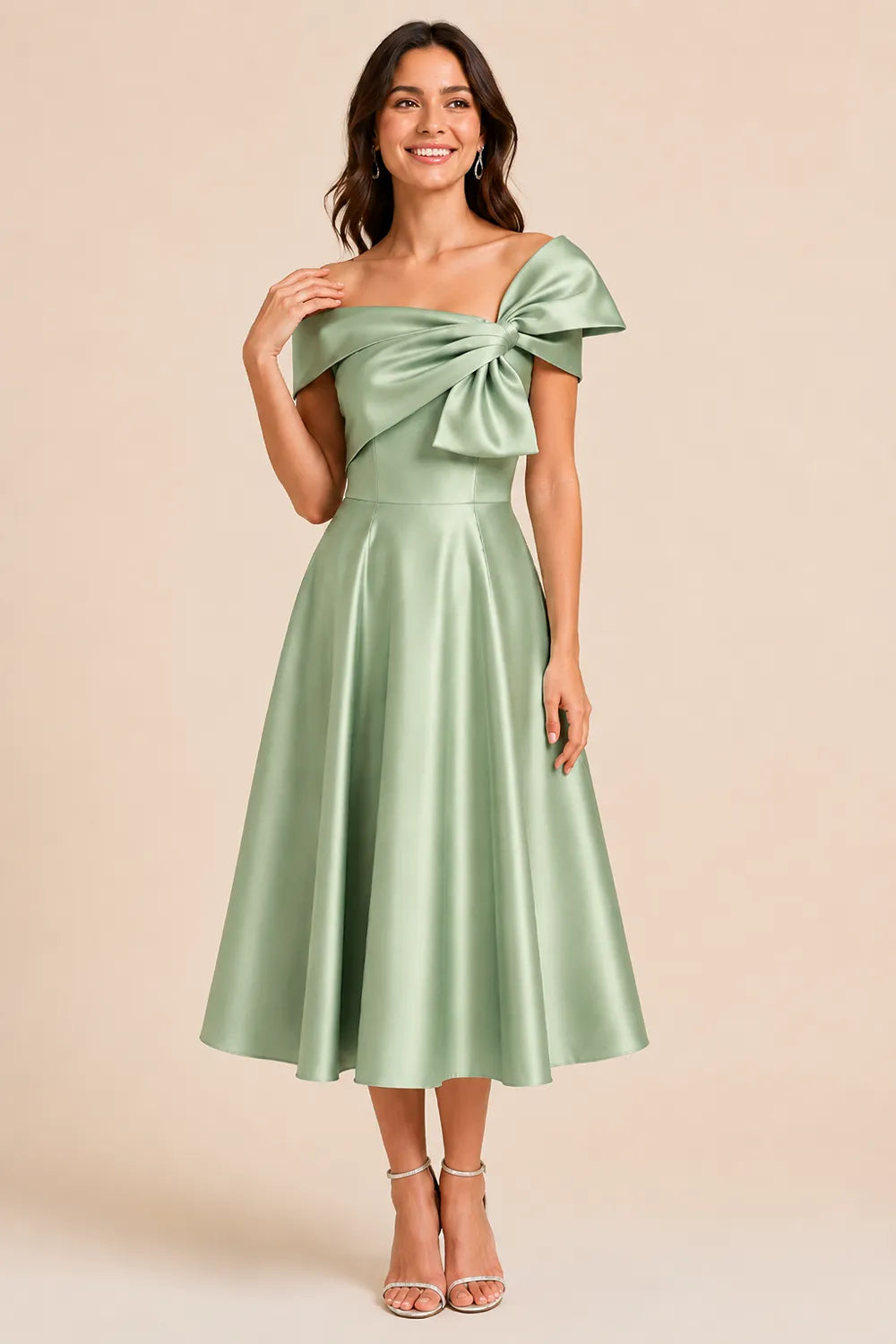 Aurelia Off Shoulder Bow Satin Midi Dress
