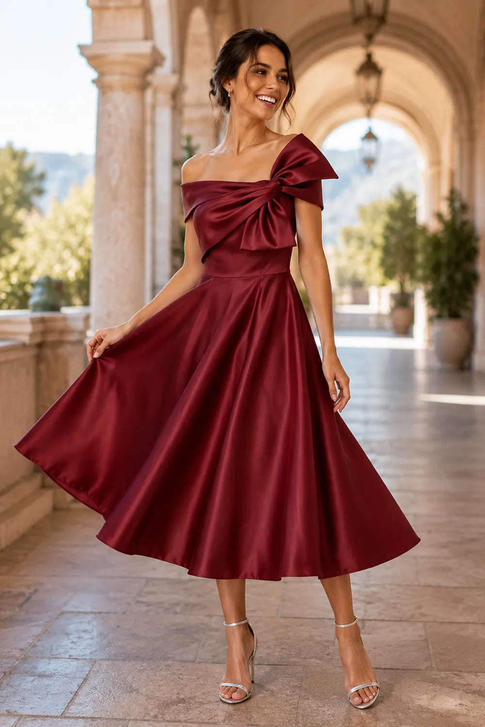 Aurelia Off Shoulder Bow Satin Midi Dress
